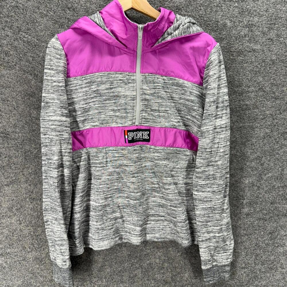 Victoria's Secret Jacket Women M Medium Gray 1/2 Zip Hooded Long Sleeve Cotton
